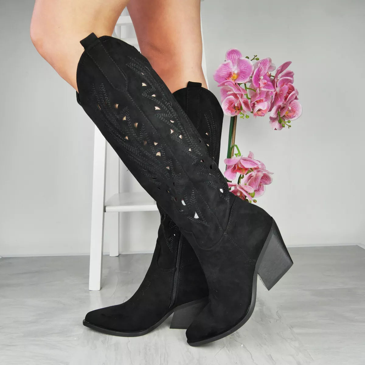 PHILIPPA Black Below Knee Western Cowboy Boots