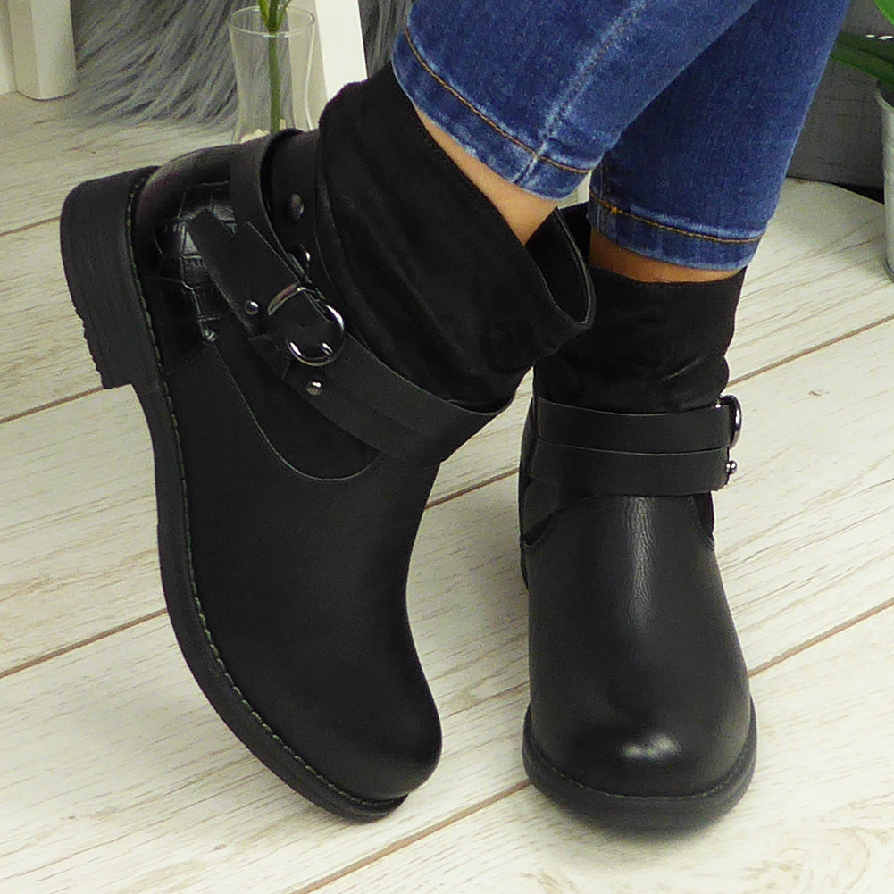 Tessla Black Ankle Biker Buckle Zip Winter Casual Boots