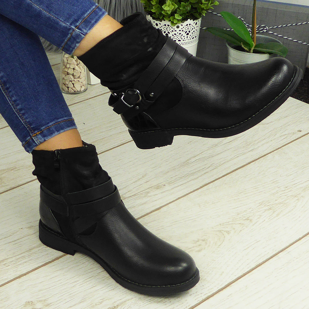 Tessla Black Ankle Biker Buckle Zip Winter Casual Boots