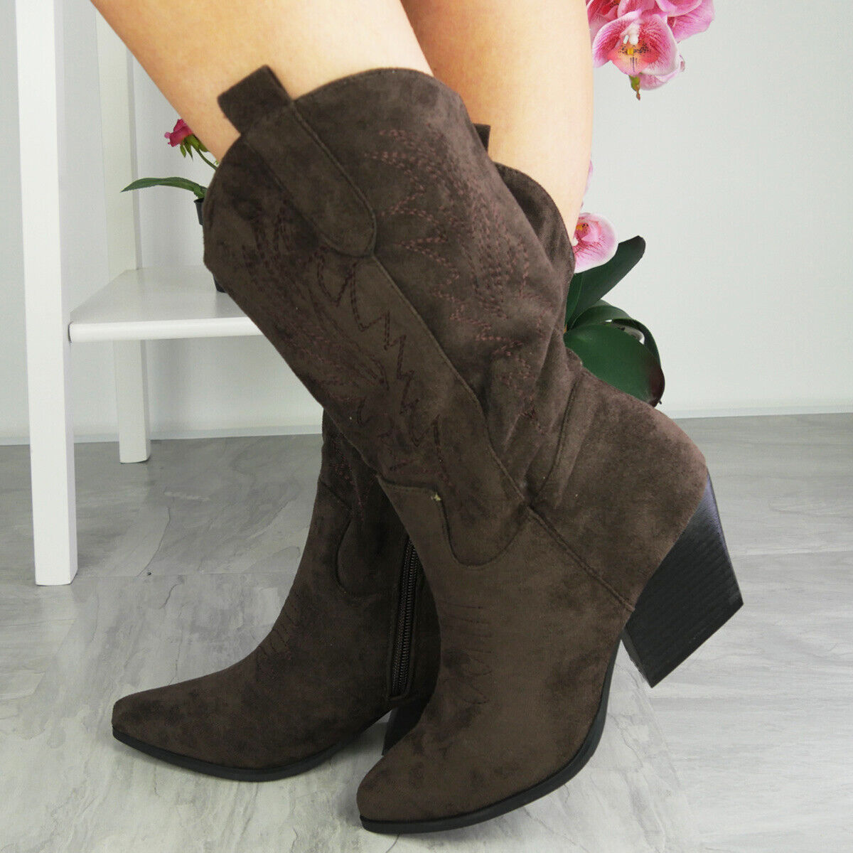 ATTIKA Brown Cowboy Western Mid Calf Zip Heel Boots