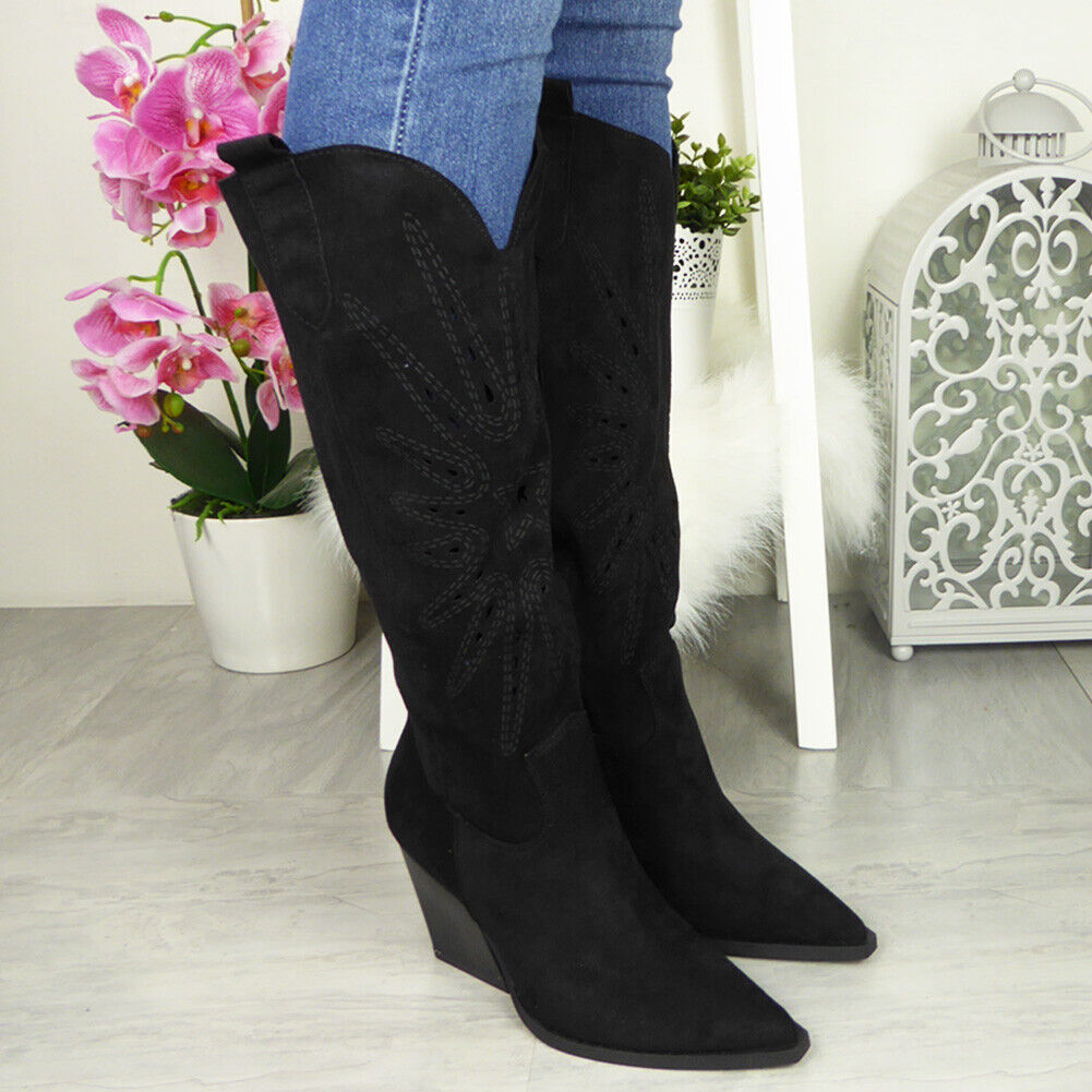 SAFORA Black Mid Calf Faux Suede Zip Boots