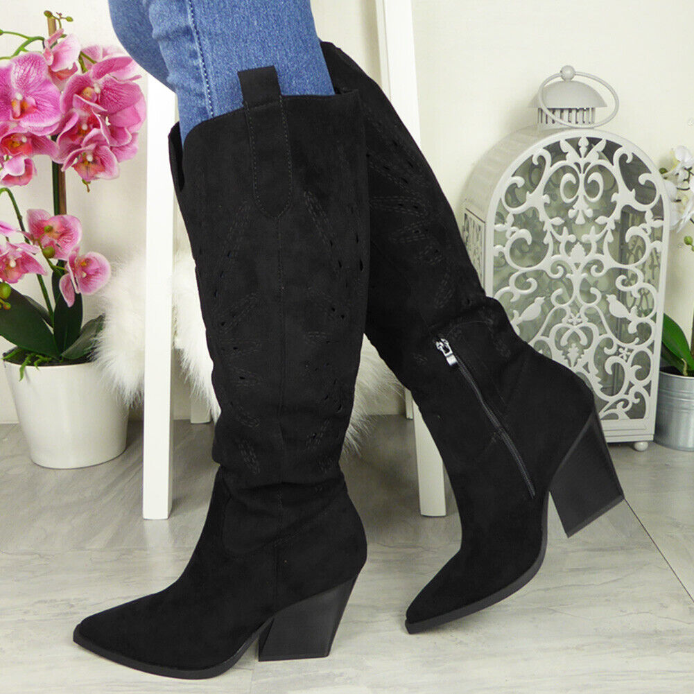 SAFORA Black Mid Calf Faux Suede Zip Boots