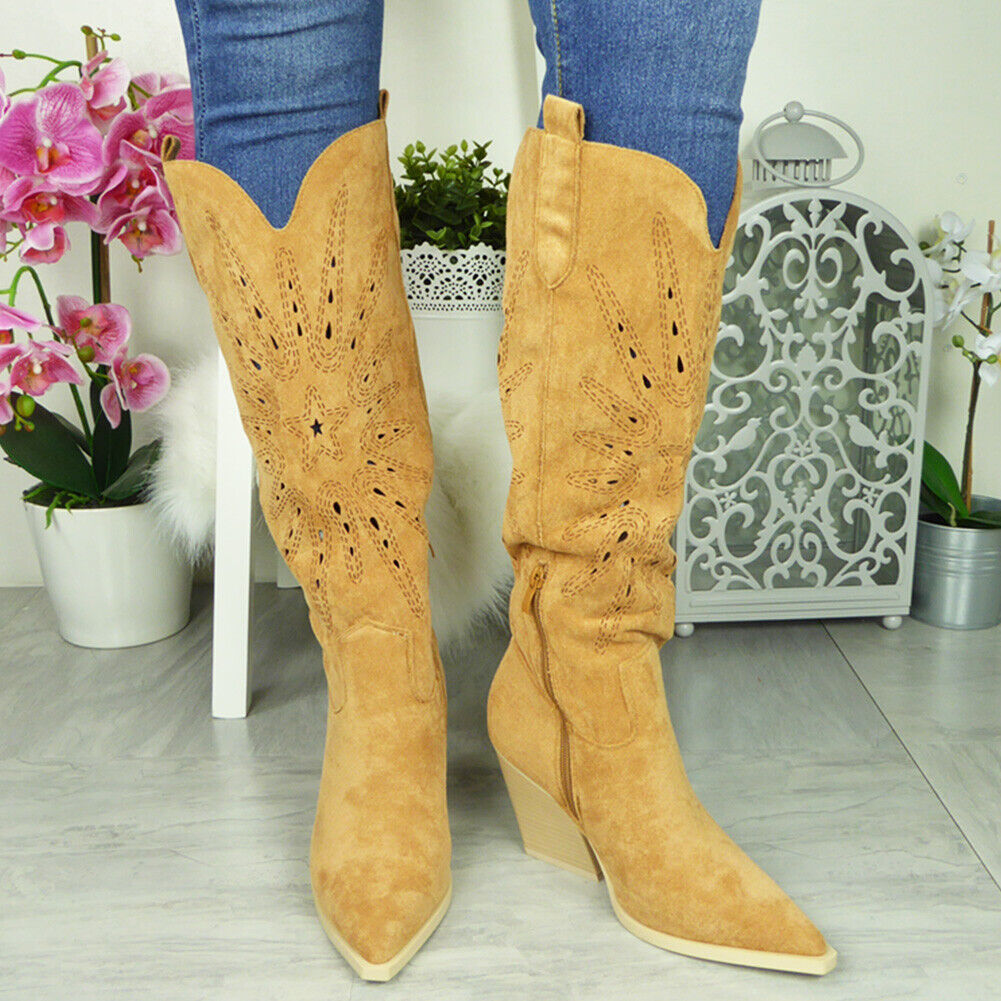 SAFORA Camel Mid Calf Faux Suede Zip Boots