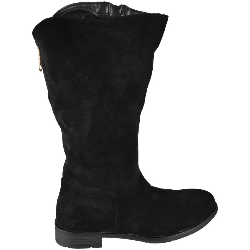 BEATRICE Black Faux Suede Lined Zip Low Heel Mid Calf Boots