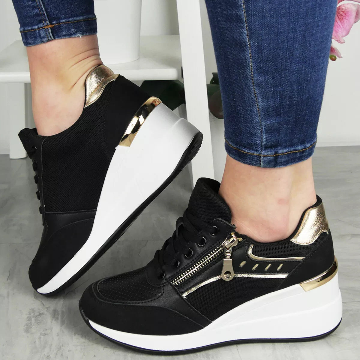 CHIRAR Black Wedge Lace Up Comfy Pumps Trainers