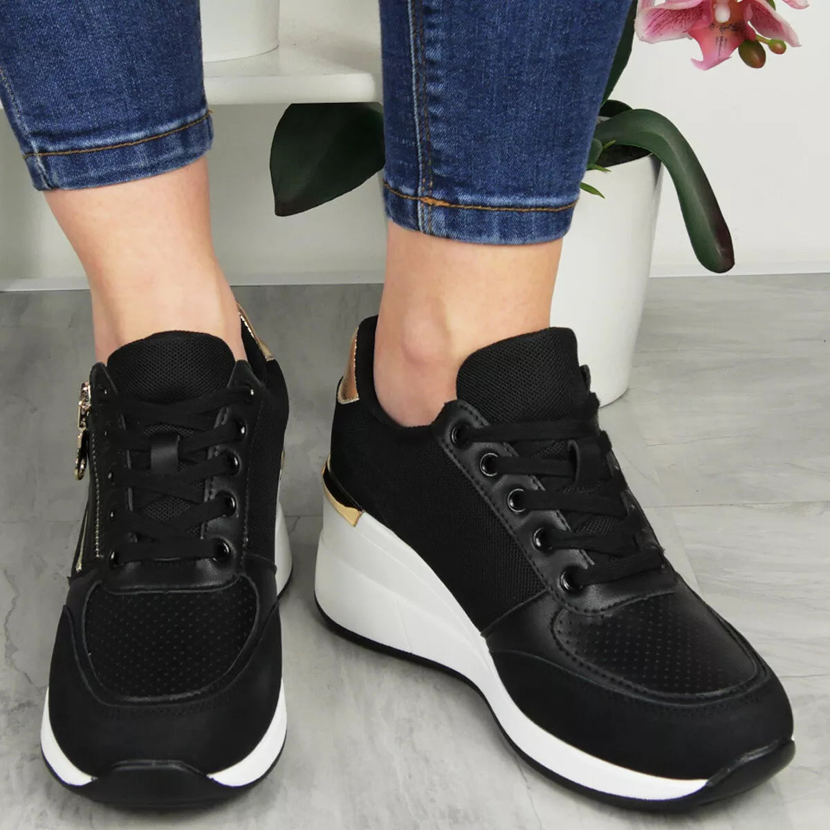 CHIRAR Black Wedge Lace Up Comfy Pumps Trainers