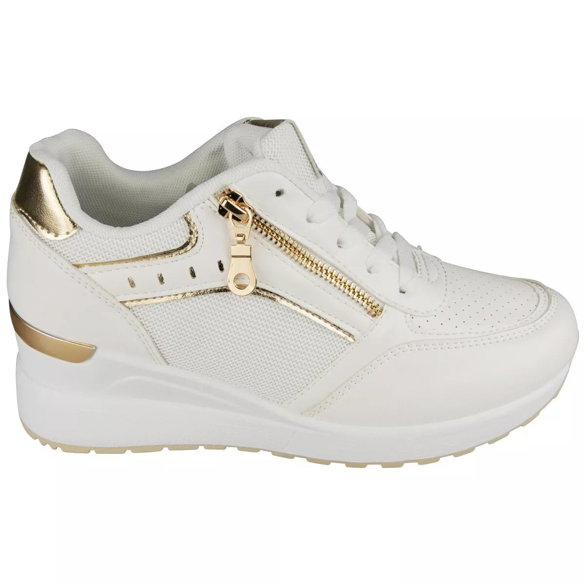 CHIRAR White Wedge Lace Up Comfy Pumps Trainers
