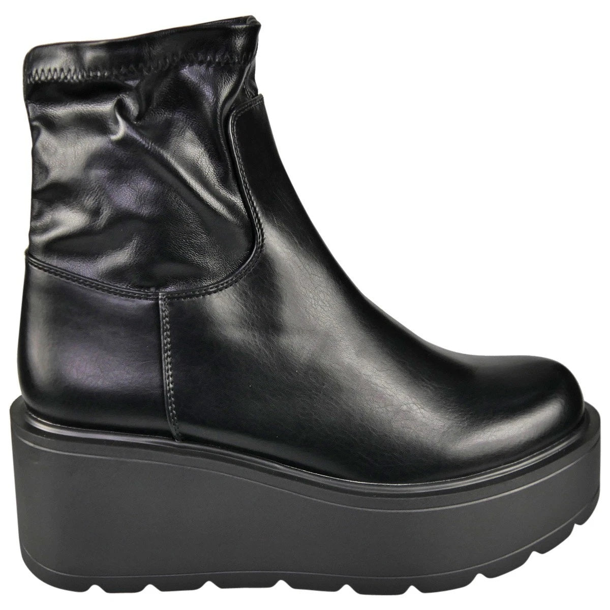 BRAELYNN Black Ladies Faux Leather Wedge Comfy Stretch Zip Ankle Boots