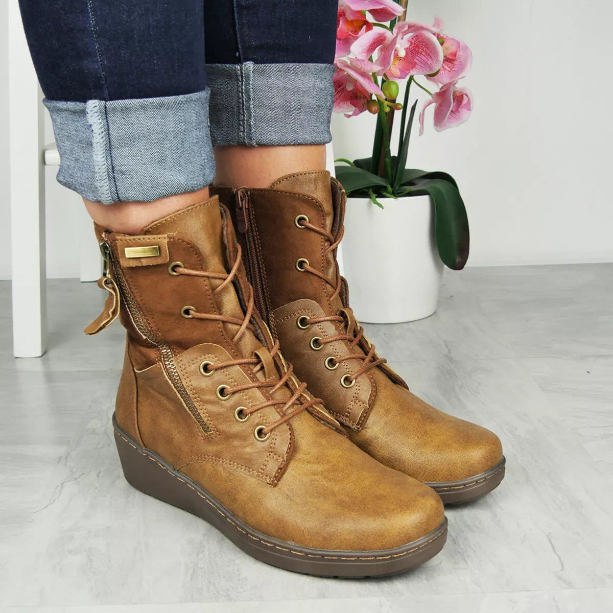 ISOBEL Camel New  Ankle Wedge Boots Zip Lined Comfy Winter Shoes