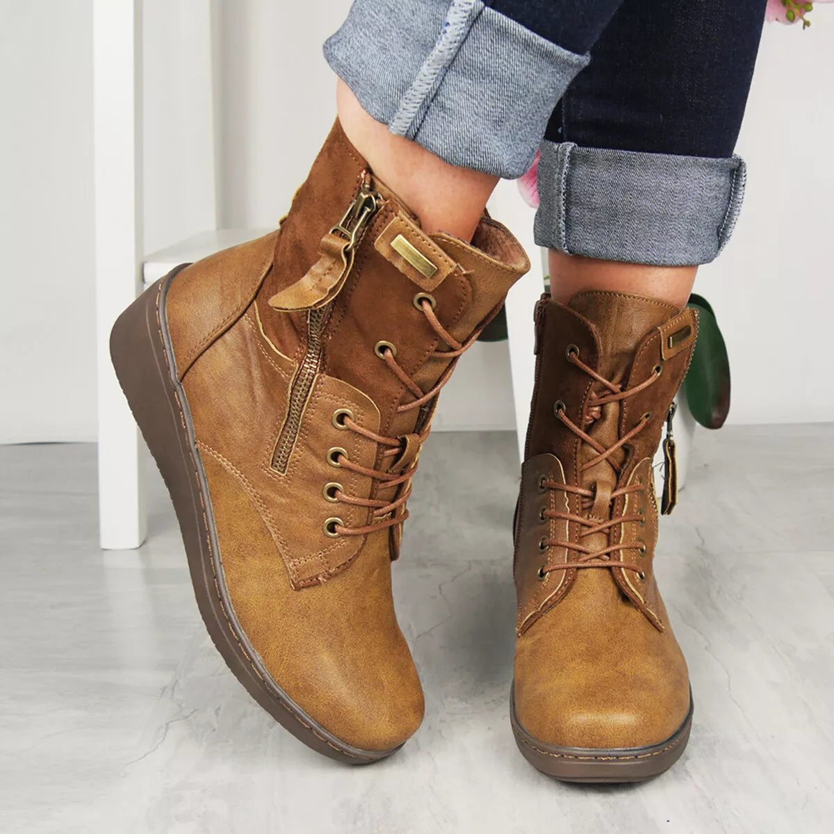ISOBEL Camel New  Ankle Wedge Boots Zip Lined Comfy Winter Shoes