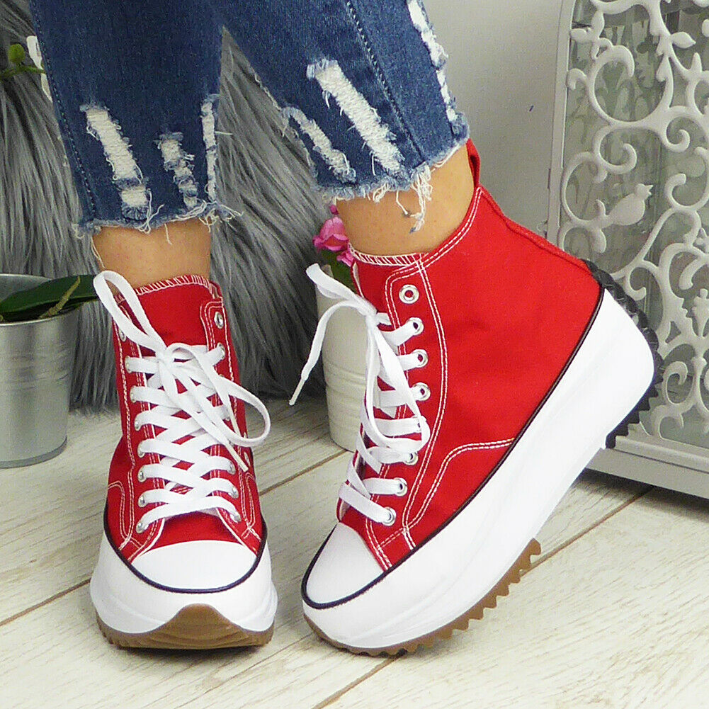 FERN Red Canvas Trainers Lace Up Casual Boots
