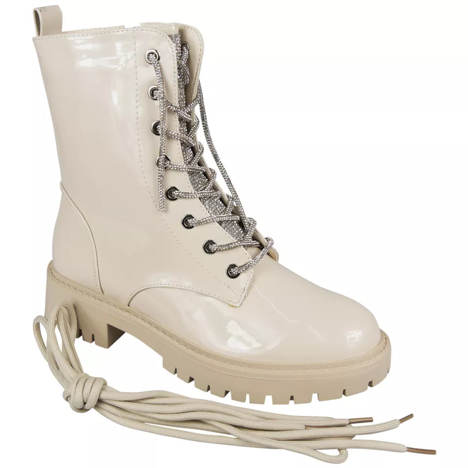 ALEXIA BEIGE Mid Calf Biker Lace Up Boots
