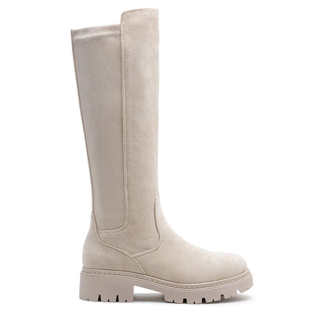 WINIFRED Beige Mid Calf Zip Stretch Elastic Viral Winter Boots