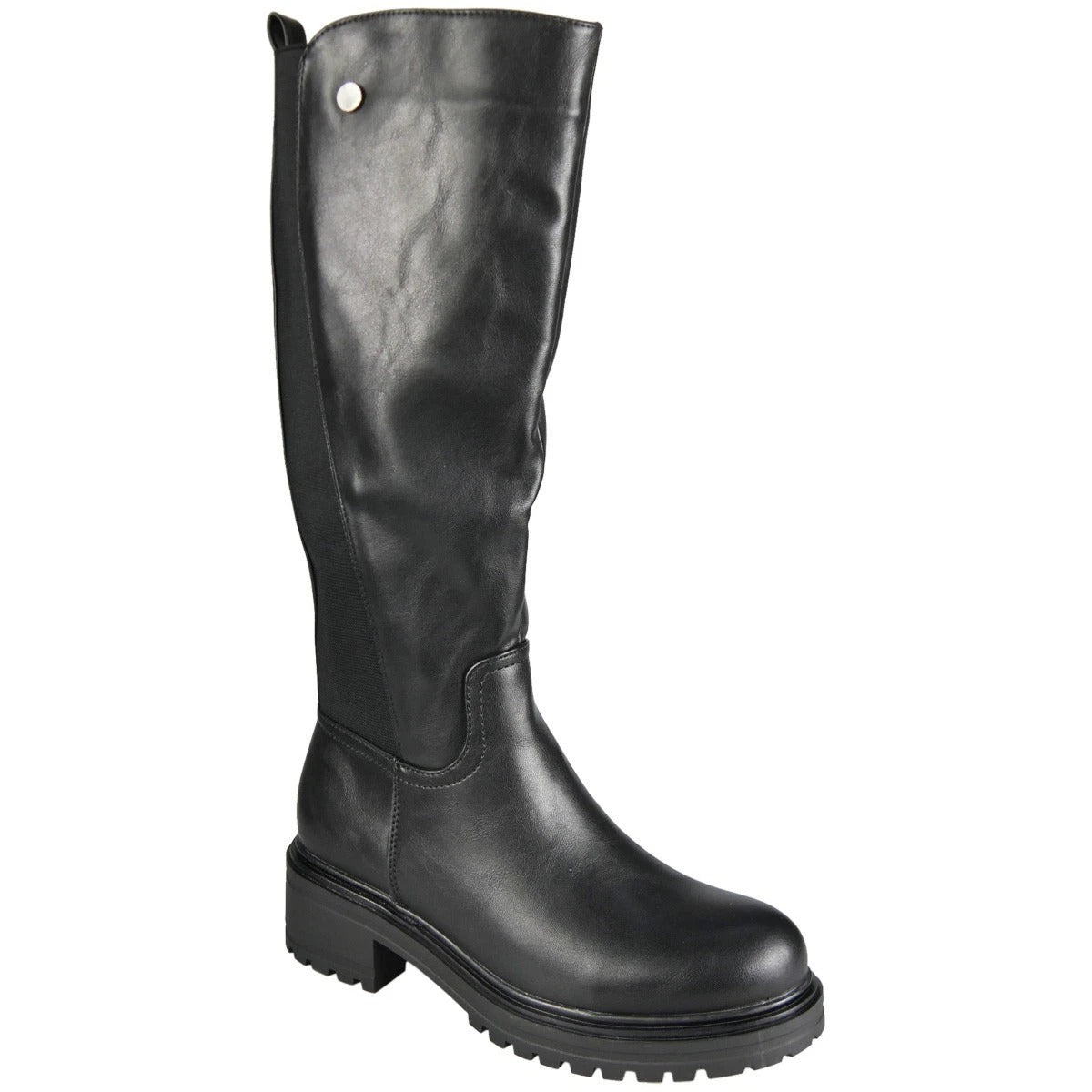 GEORGINA Black Knee High Zip Stretch Comfy Biker Rider Boots