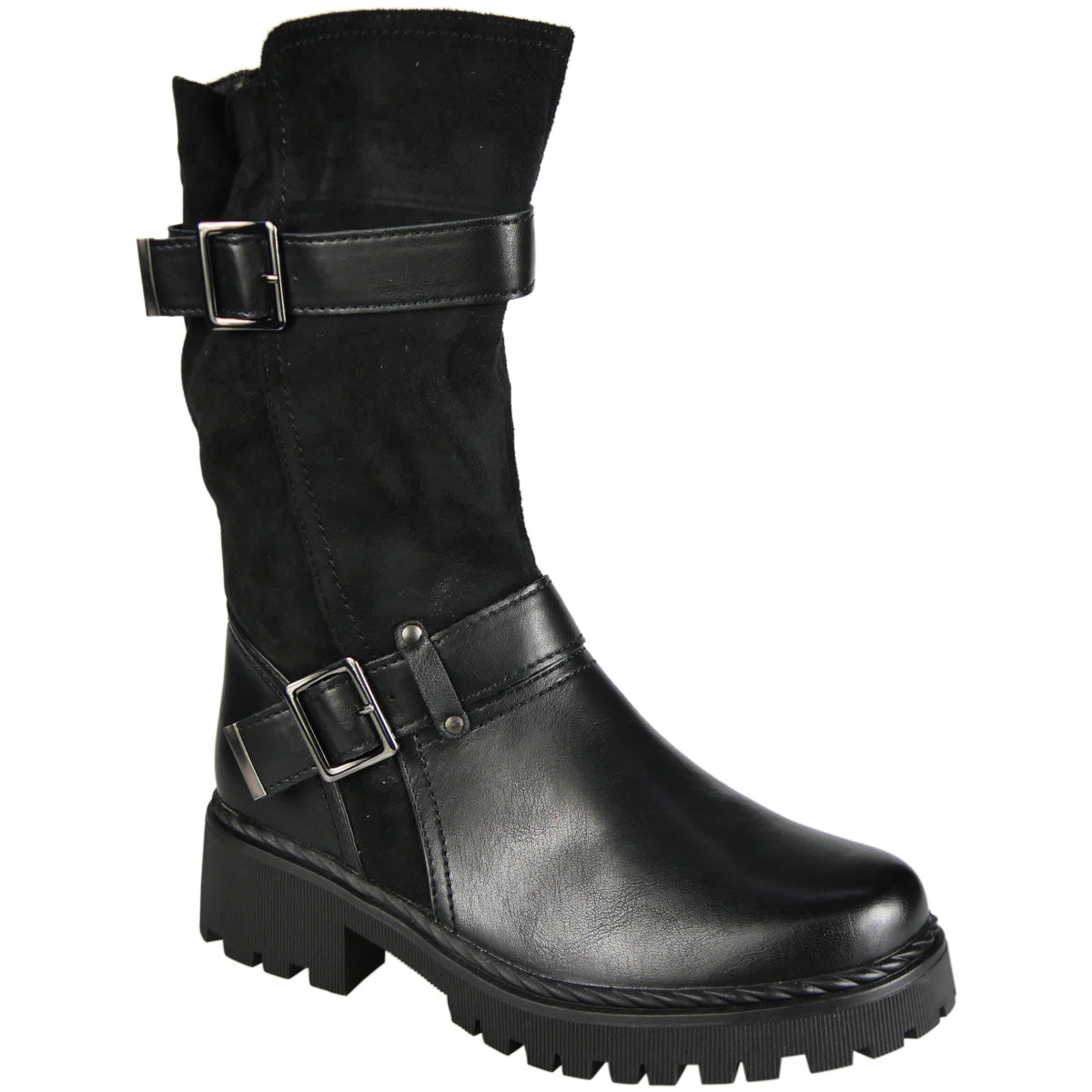 NEVAEH Black Mid Calf Fashio Winter Zip Comfy Buckle Boots