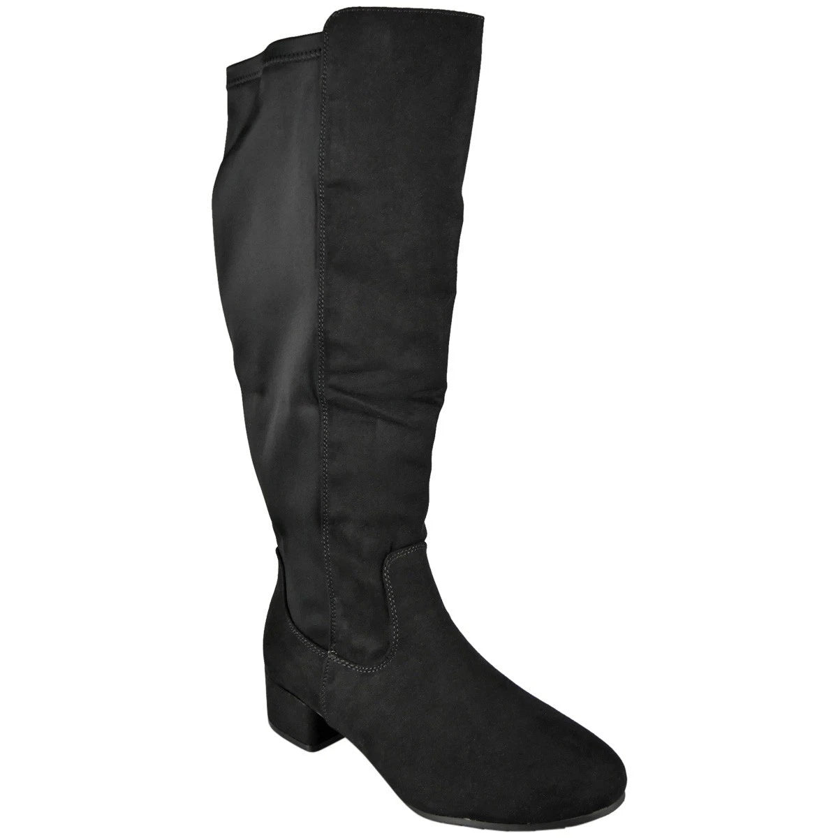 ESME Black Suede Knee High Stretchy Zip Mid Heel Comfy Wide Fit Boots