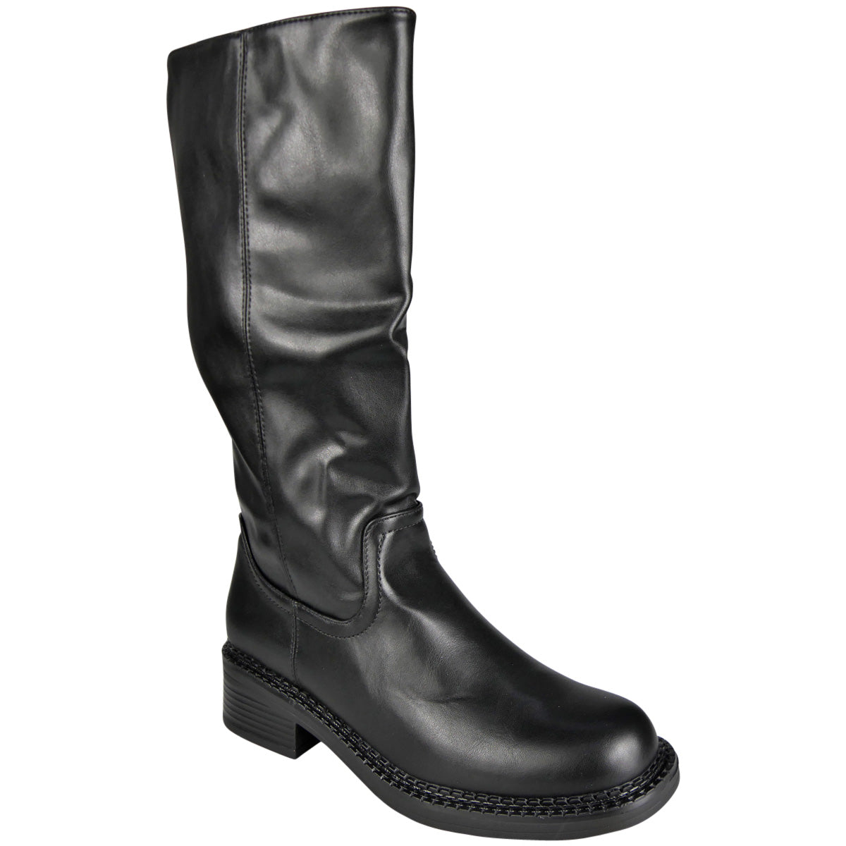 VALERIE Black Mid calf Pull On Comfy Biker Winter Boots
