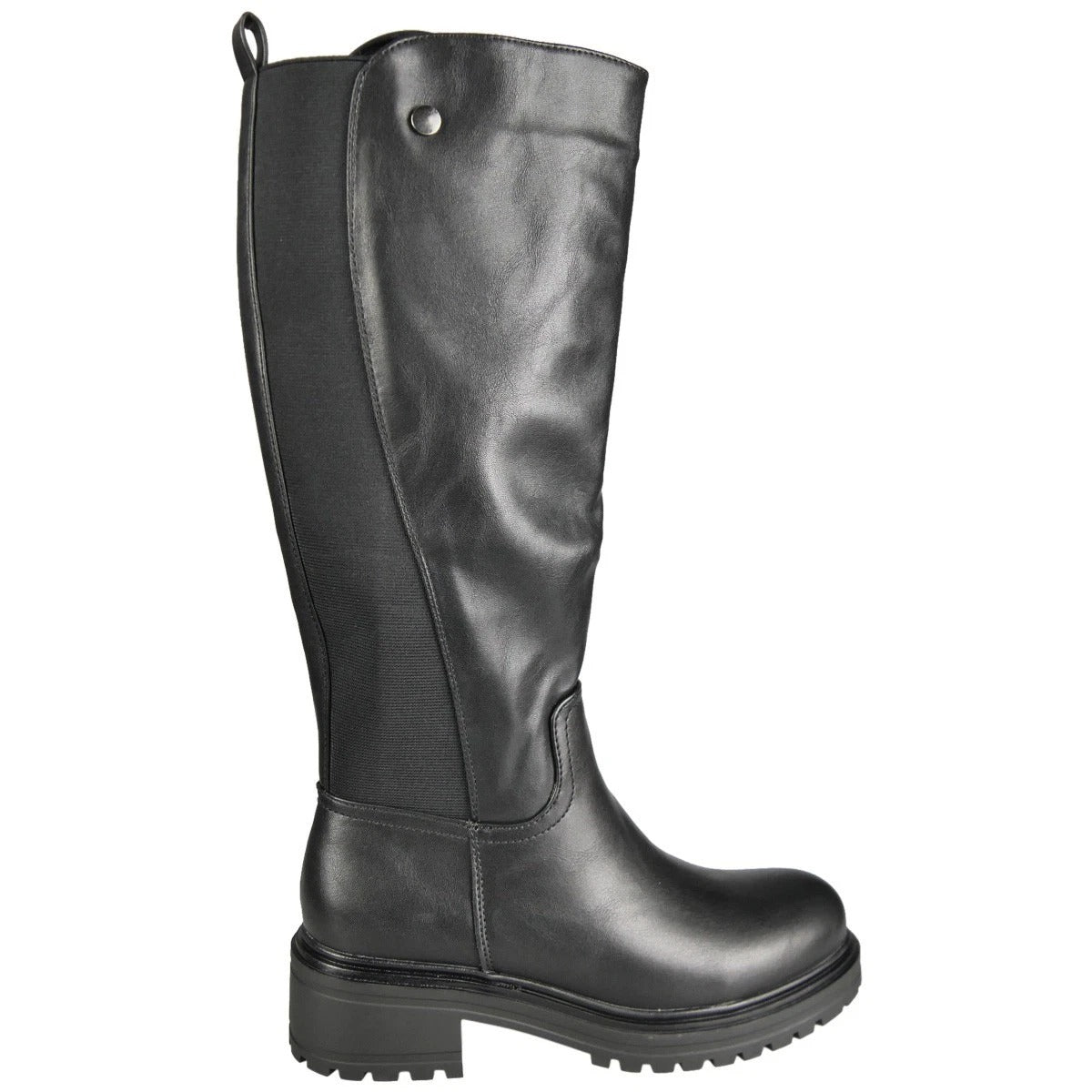GEORGINA Black Knee High Zip Stretch Comfy Biker Rider Boots