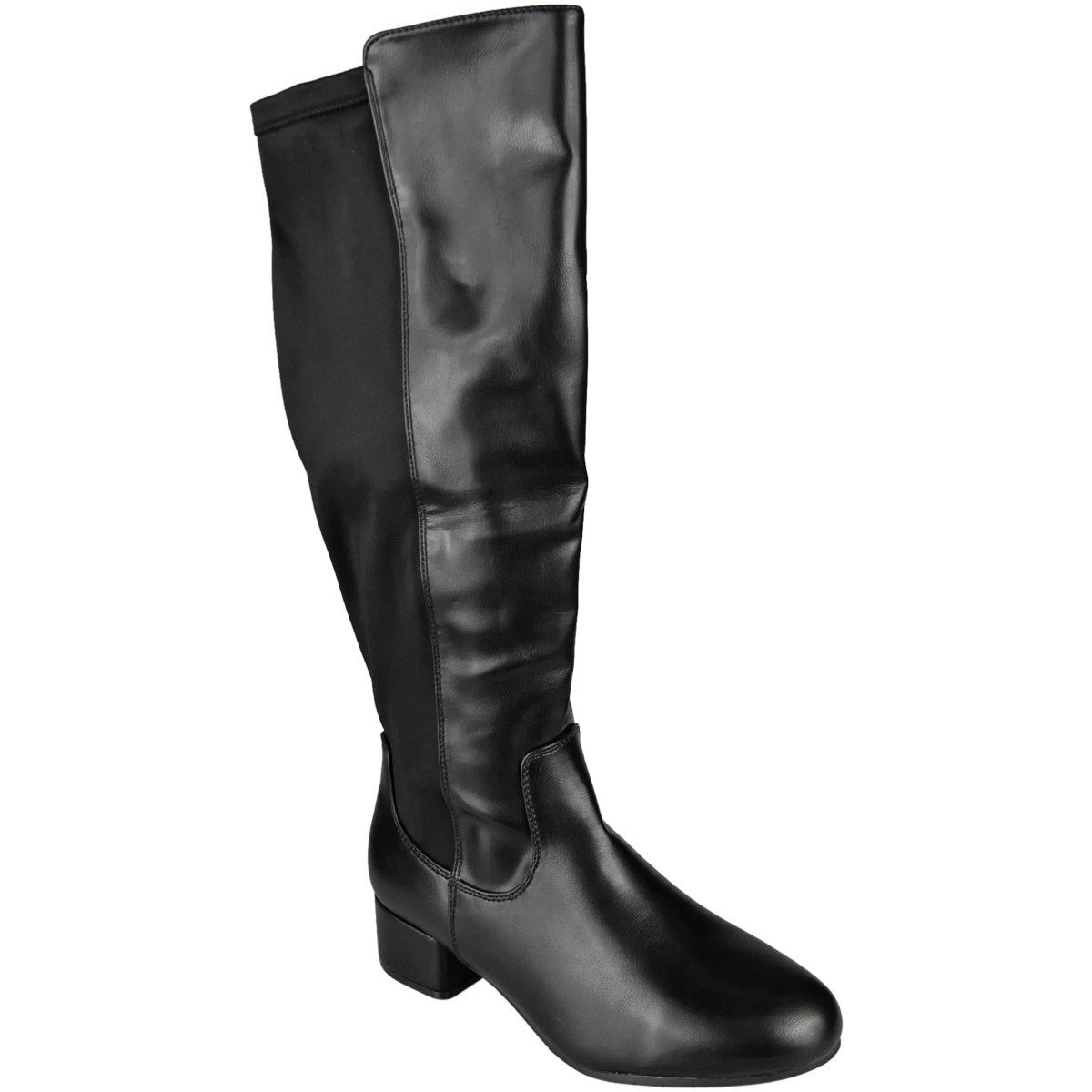 ESME Black Pu Knee High Stretchy Zip Mid Heel Comfy Wide Fit Boots