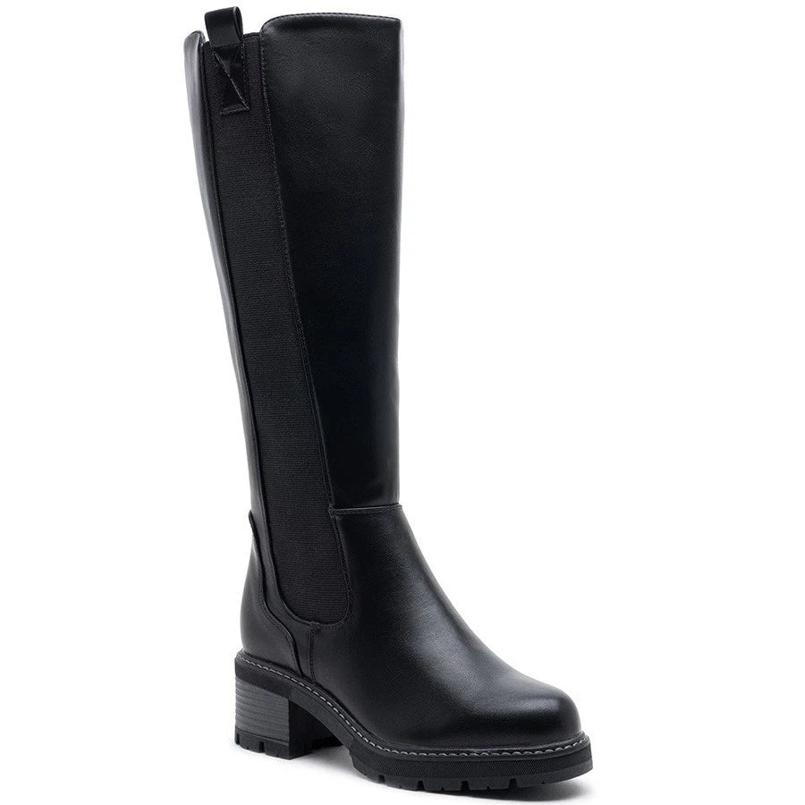 TALIA Black Pu Mid Cald Faux Suede Comfy Chunky Heel Boots