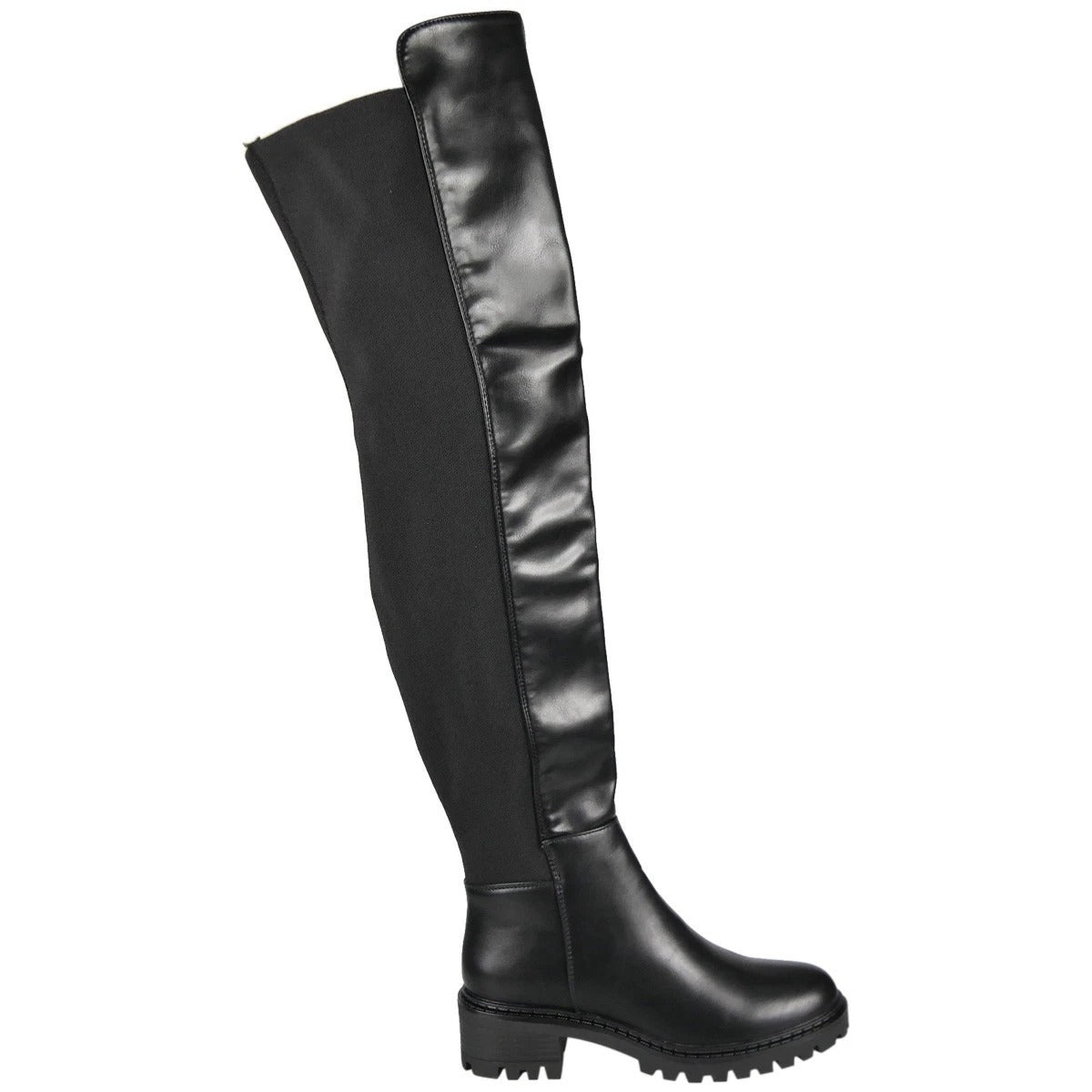 AVERIE Black Pu Over the Knee Faux Suede Mid Heel Stretchy Zip Boots