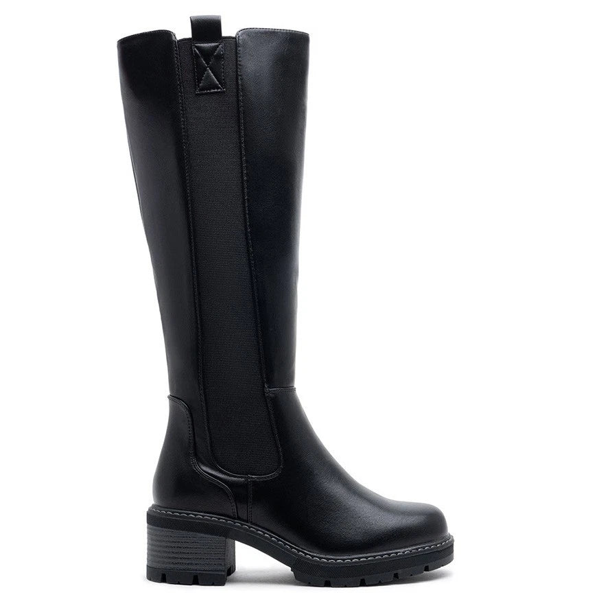 TALIA Black Pu Mid Cald Faux Suede Comfy Chunky Heel Boots