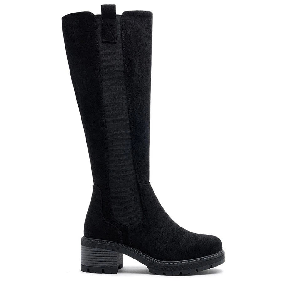TALIA Black Suede Mid Cald Faux Suede Comfy Chunky Heel Boots