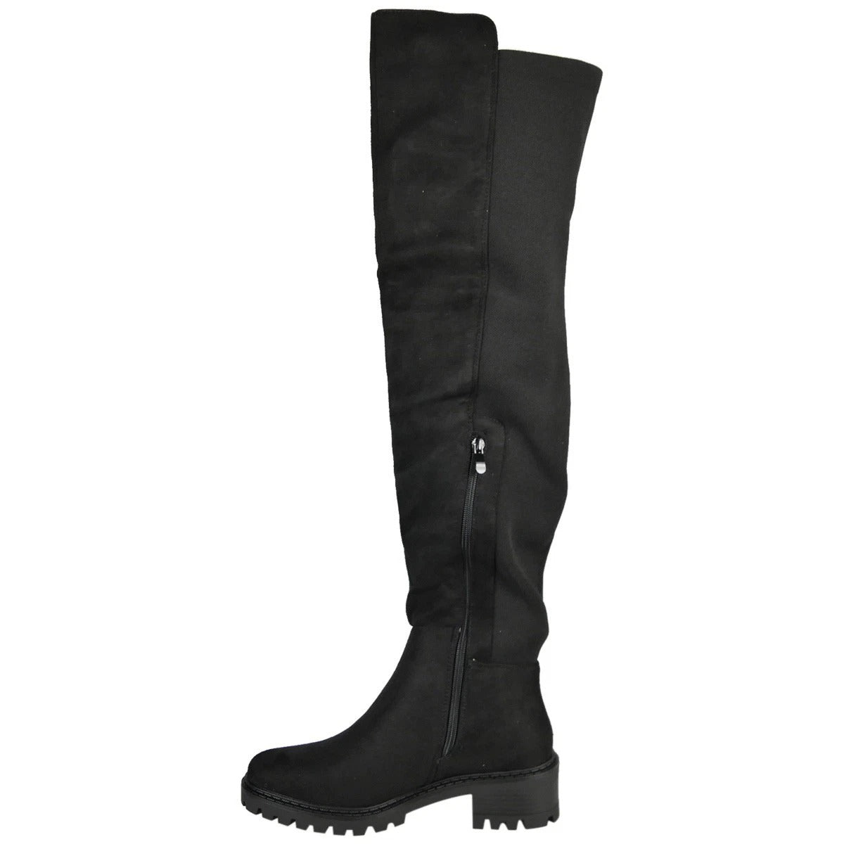 AVERIE Black Over the Knee Faux Suede Mid Heel Stretchy Zip Boots