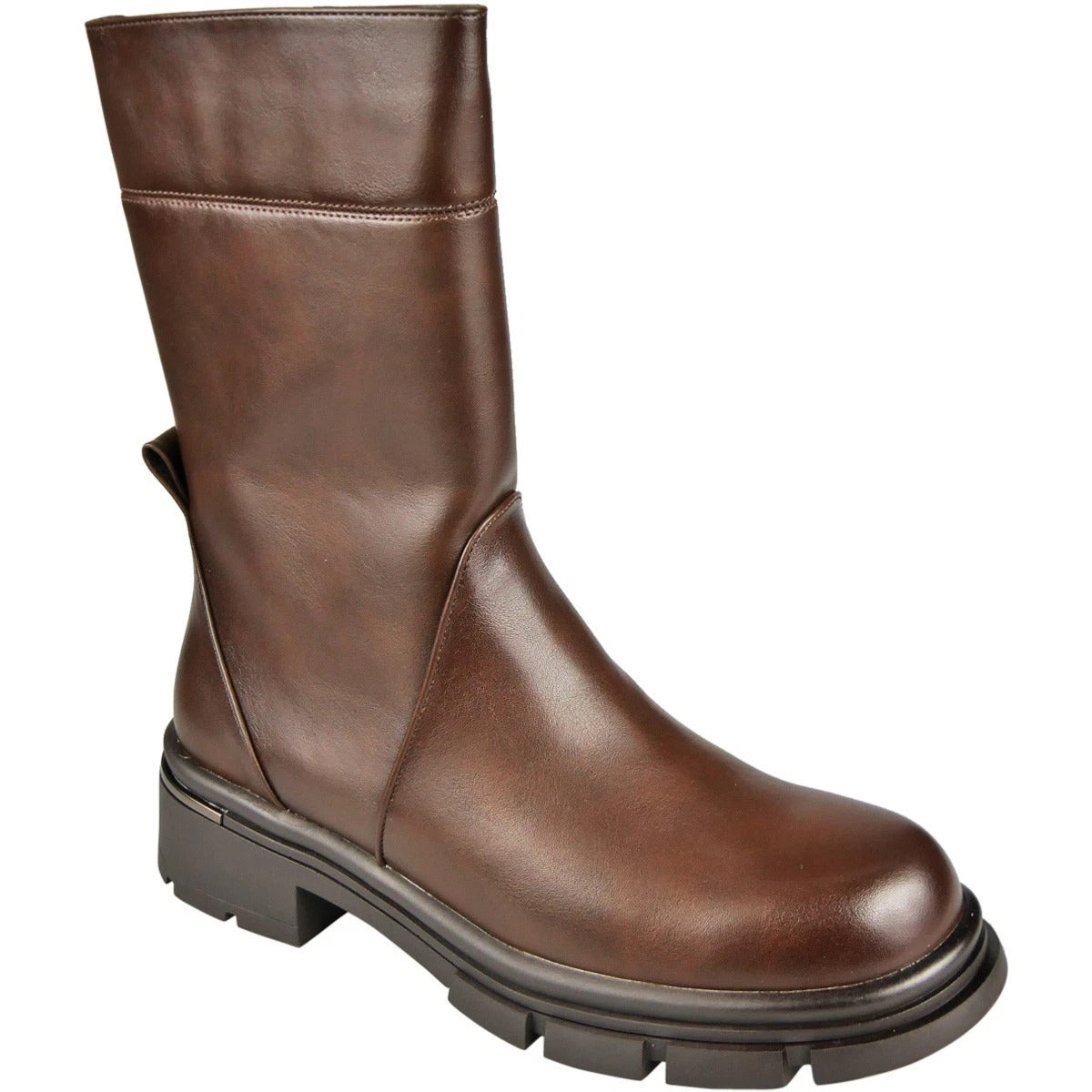 AELFWYN Brown Faux Leather Zip Comfy Stretchy Biker Mid Calf Boots