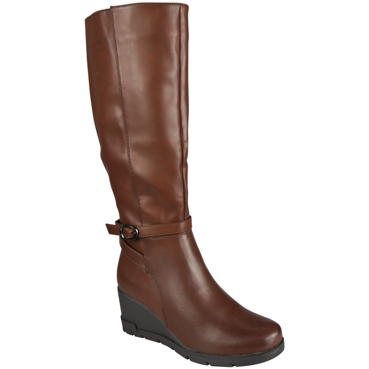 AUBREY Brown Wedge Knee High Stretchy Zip Extending Boots