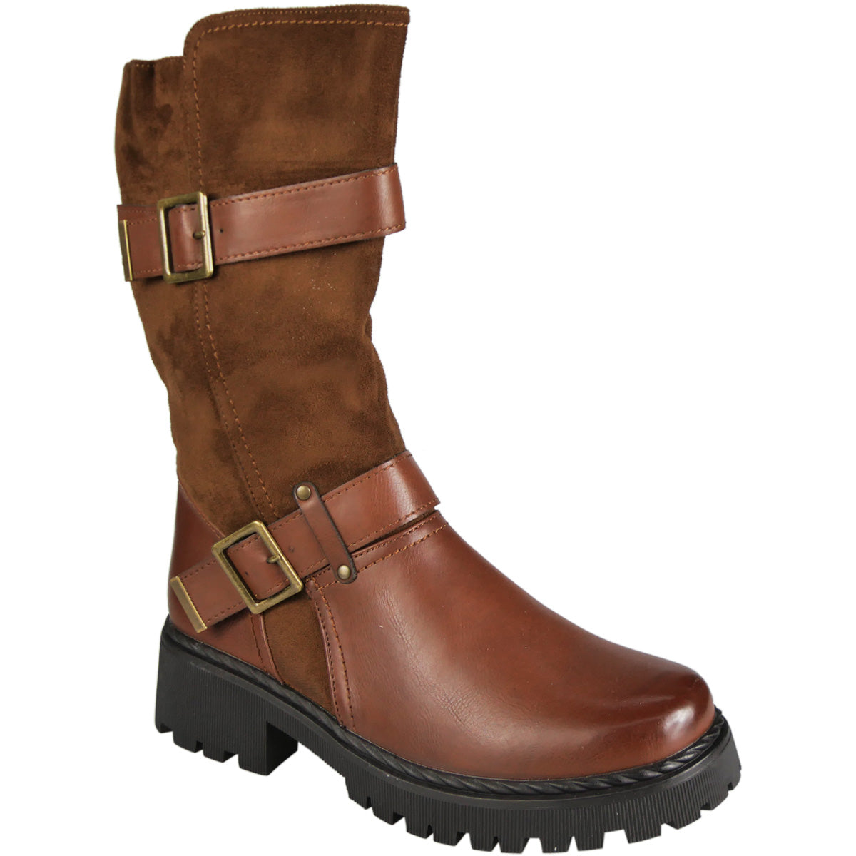 NEVAEH Brown Mid Calf Fashio Winter Zip Comfy Buckle Boots