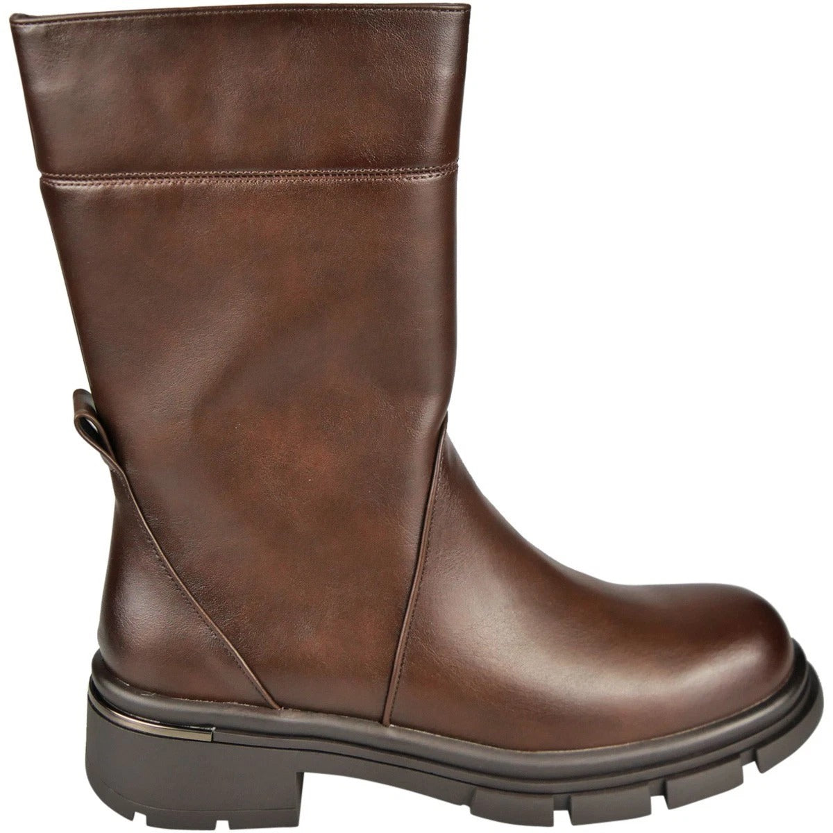 AELFWYN Brown Faux Leather Zip Comfy Stretchy Biker Mid Calf Boots