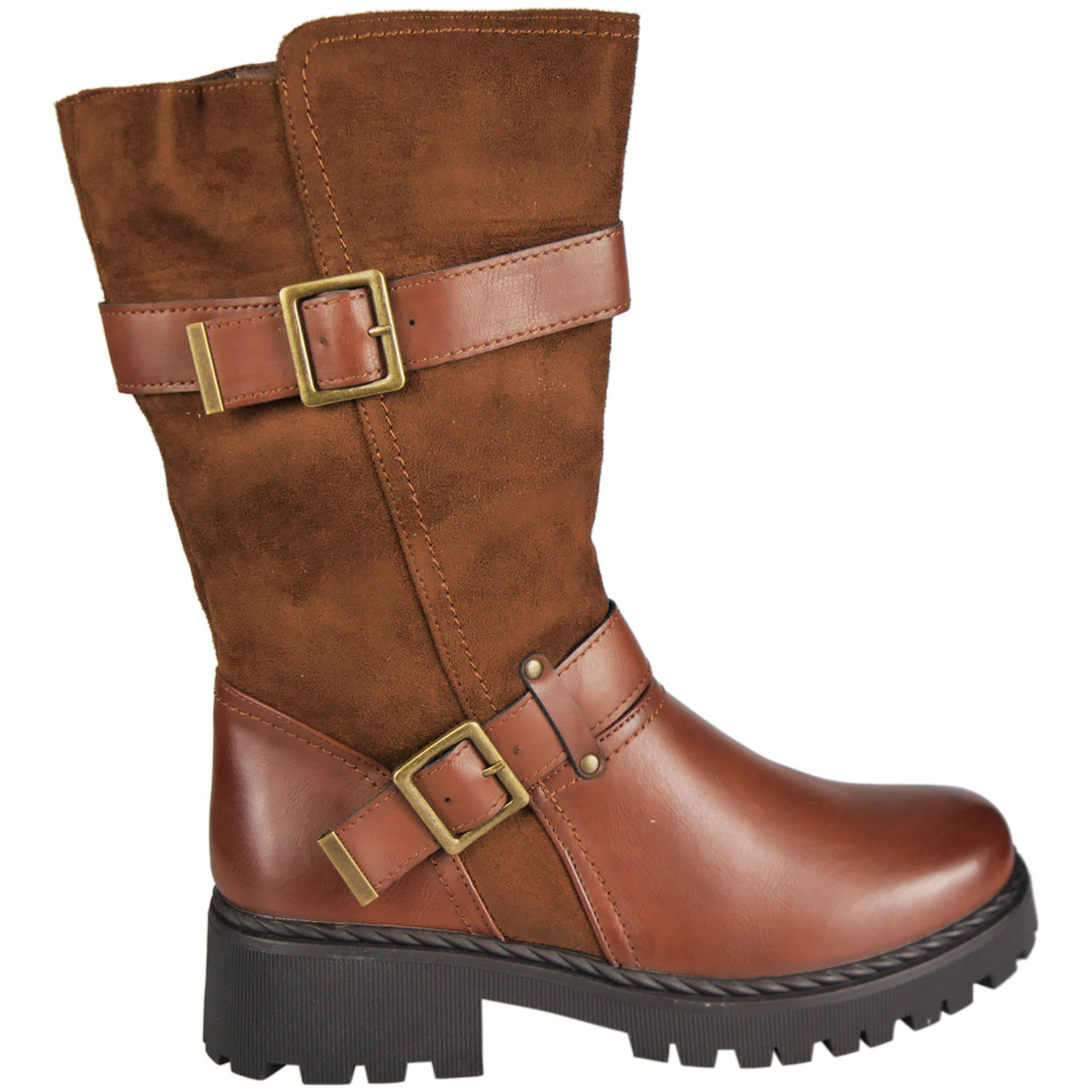 NEVAEH Brown Mid Calf Fashio Winter Zip Comfy Buckle Boots