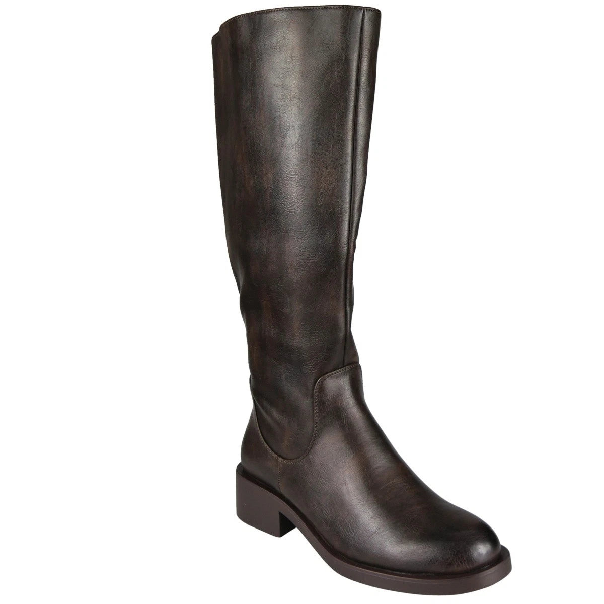 KENNA Brown Faux Leather Elastic Zip Warm Lined Winter Mid Calf Boots