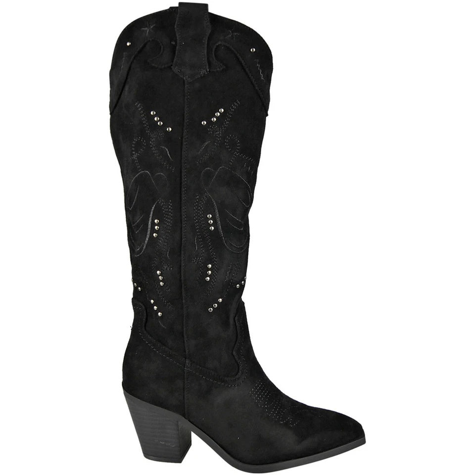 EMILEE Black Mid Calf Cowboy Zip Heel Boots