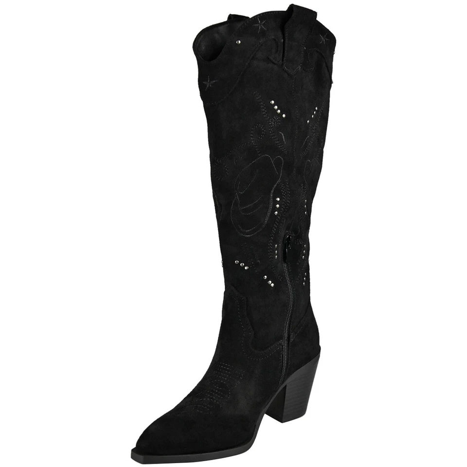 EMILEE Black Mid Calf Cowboy Zip Heel Boots