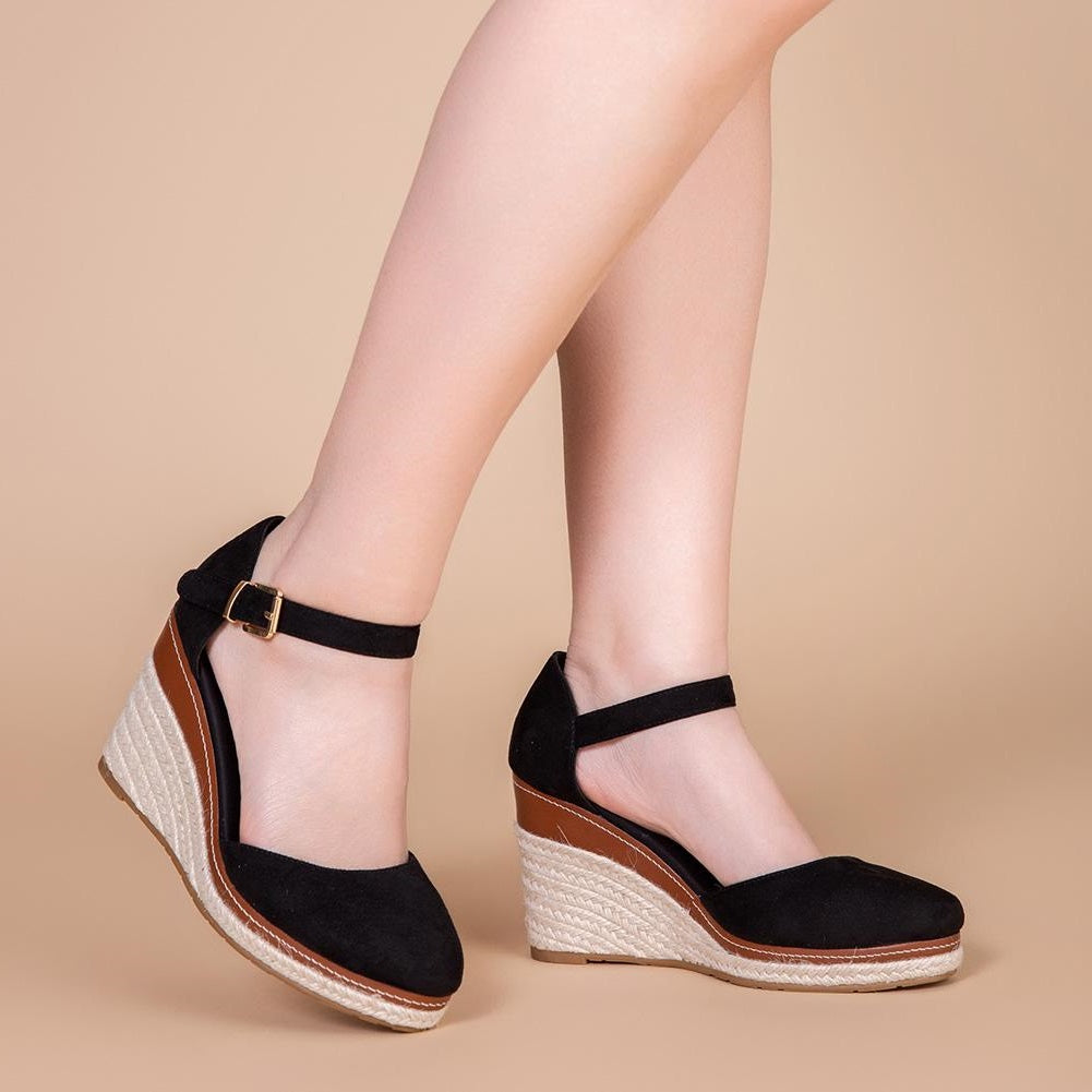 CORISTA Black Wedge Ankle Slingback Buckle Sandals