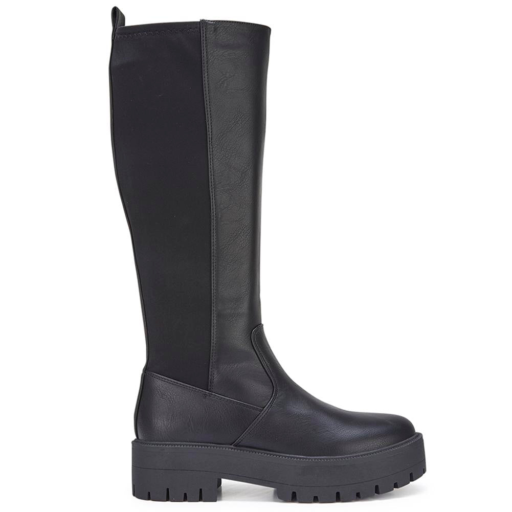CELINA Black New Mid Calf Faux Leather Chunky Heel Comfy Zip Boots
