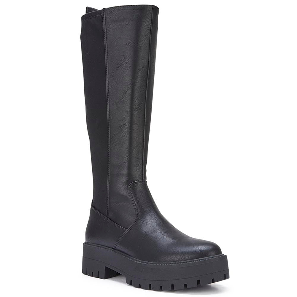 CELINA Black New Mid Calf Faux Leather Chunky Heel Comfy Zip Boots