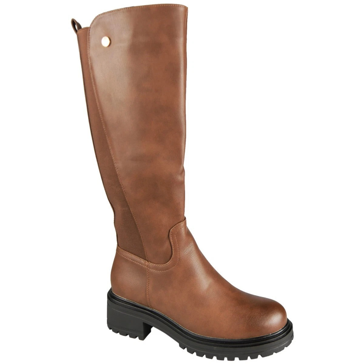 GEORGINA Camel Knee High Zip Stretch Comfy Biker Rider Boots