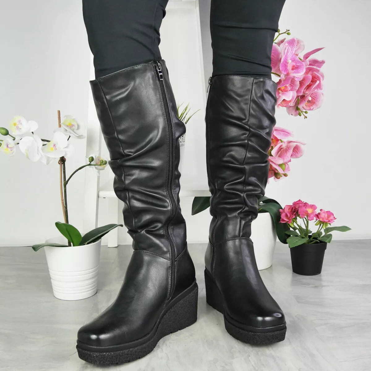 LAYLA Black Pu Wedge Platform Lined Zip Boots