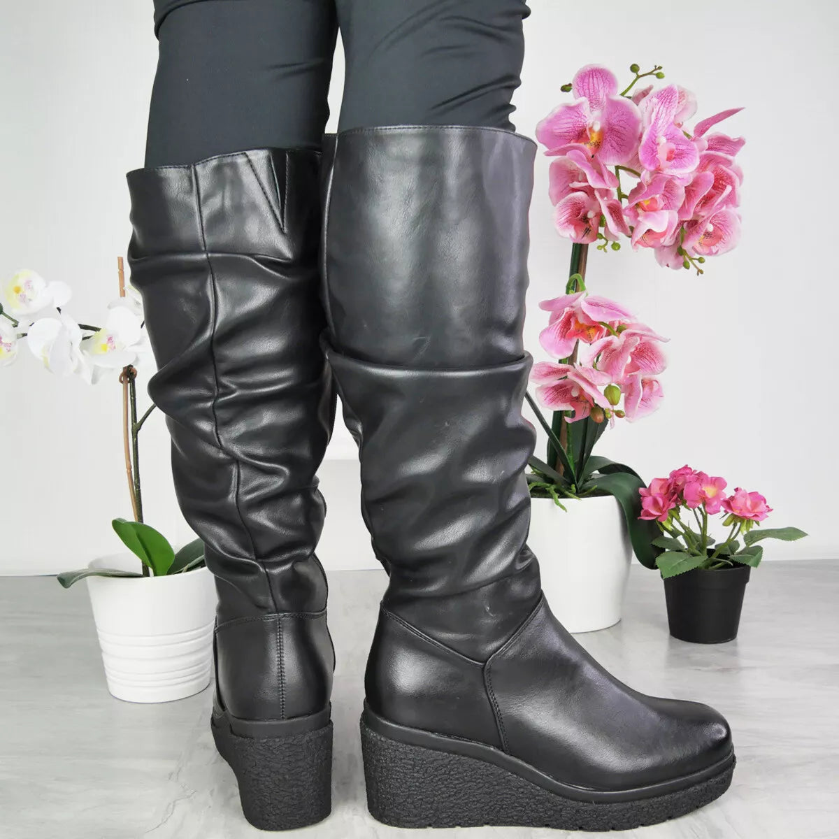LAYLA Black Pu Wedge Platform Lined Zip Boots
