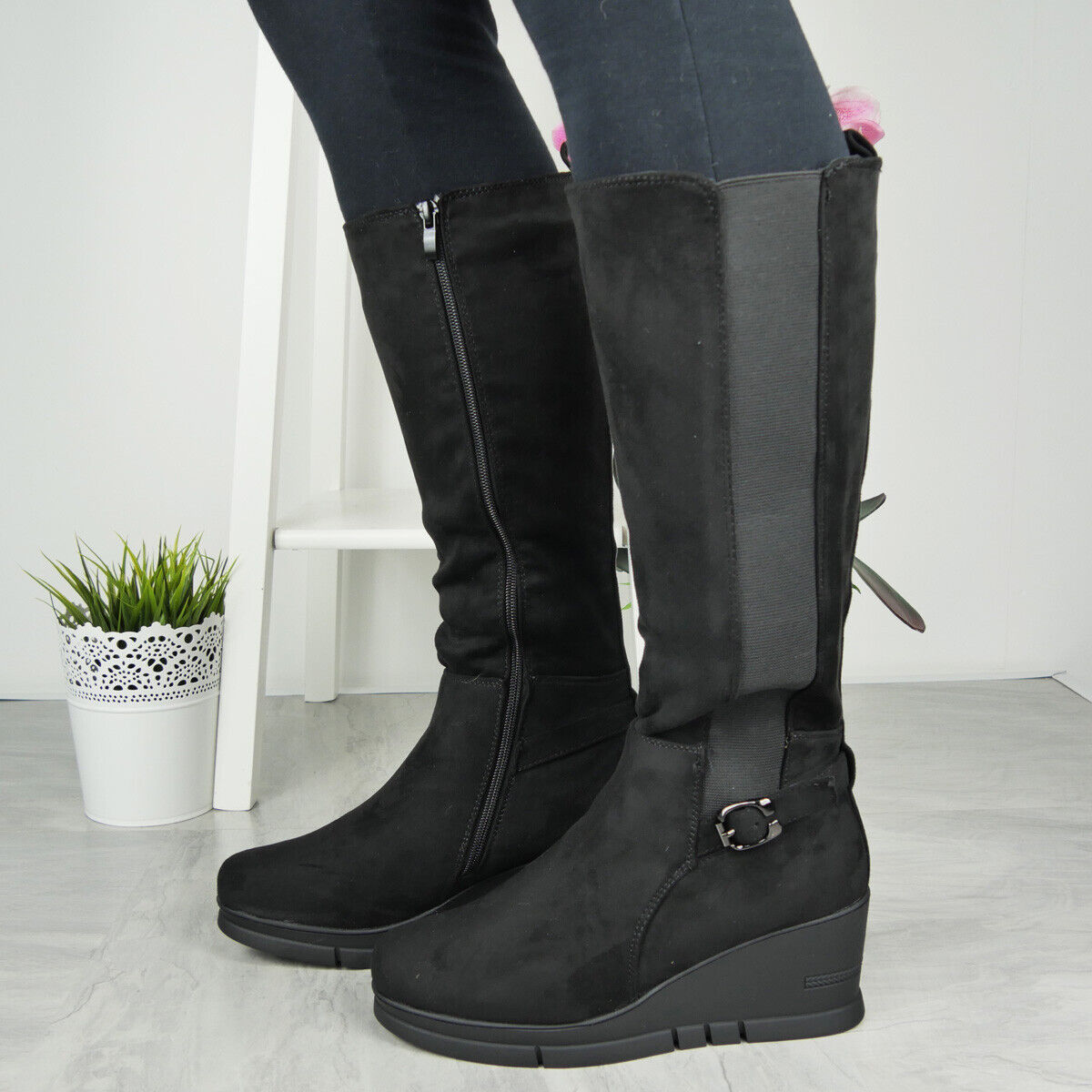 SANDRA Black Suede Wedge Platform Zip Boots