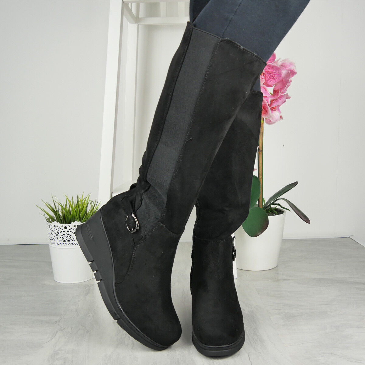 SANDRA Black Suede Wedge Platform Zip Boots
