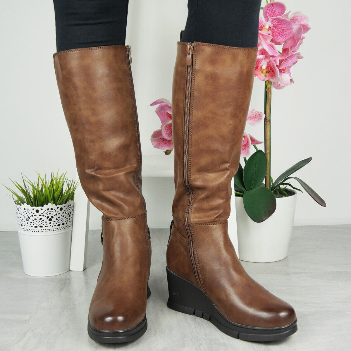 SANDRA Brown Pu Wedge Platform Zip Boots