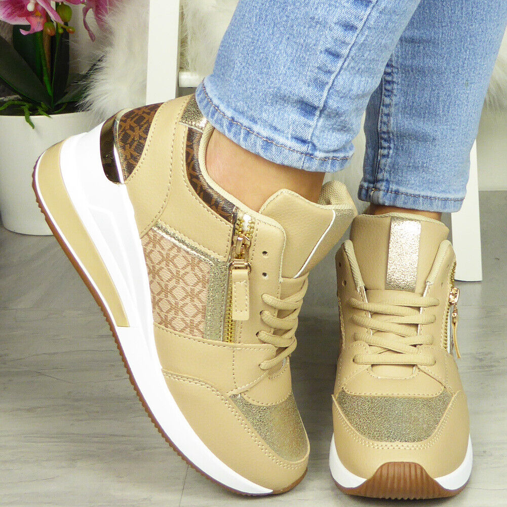 LAMZI Khaki Wedge Trainers Lace Up Shoes