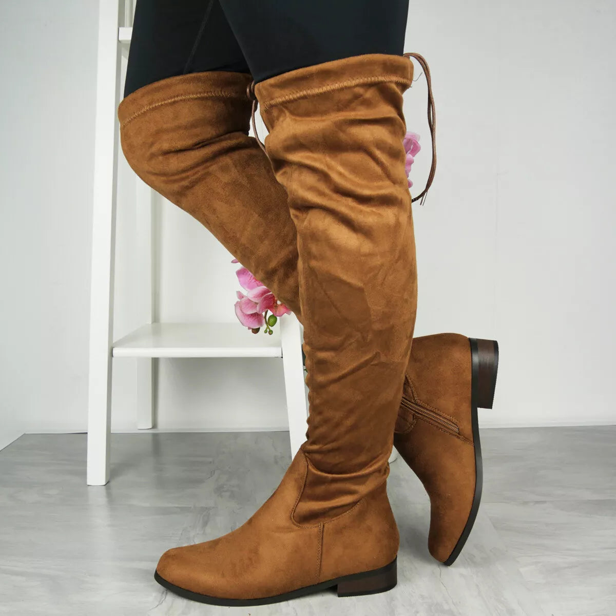 ASHLEY Camel Over The Knee Lace Up Boots