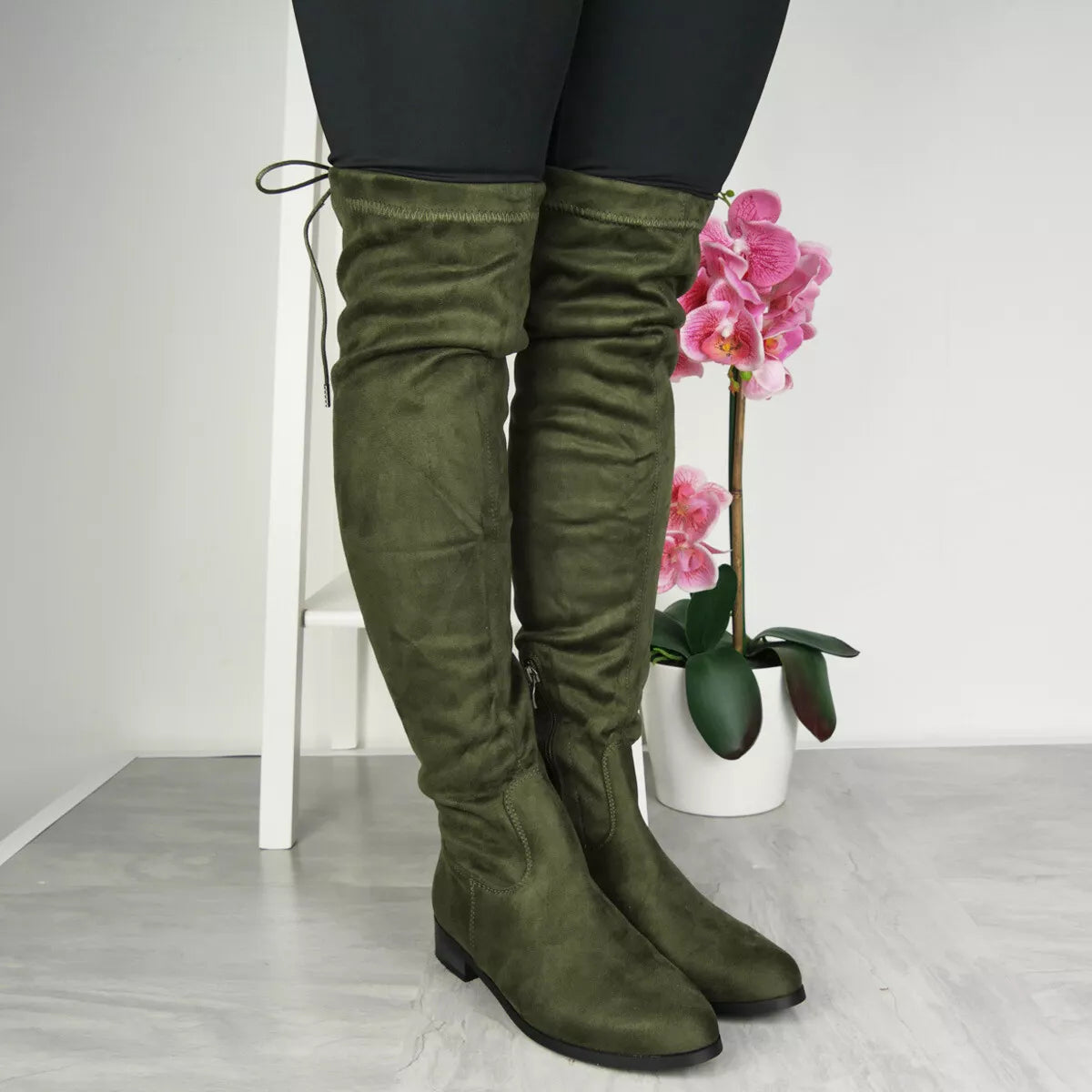 ASHLEY Green Over The Knee Lace Up Boots