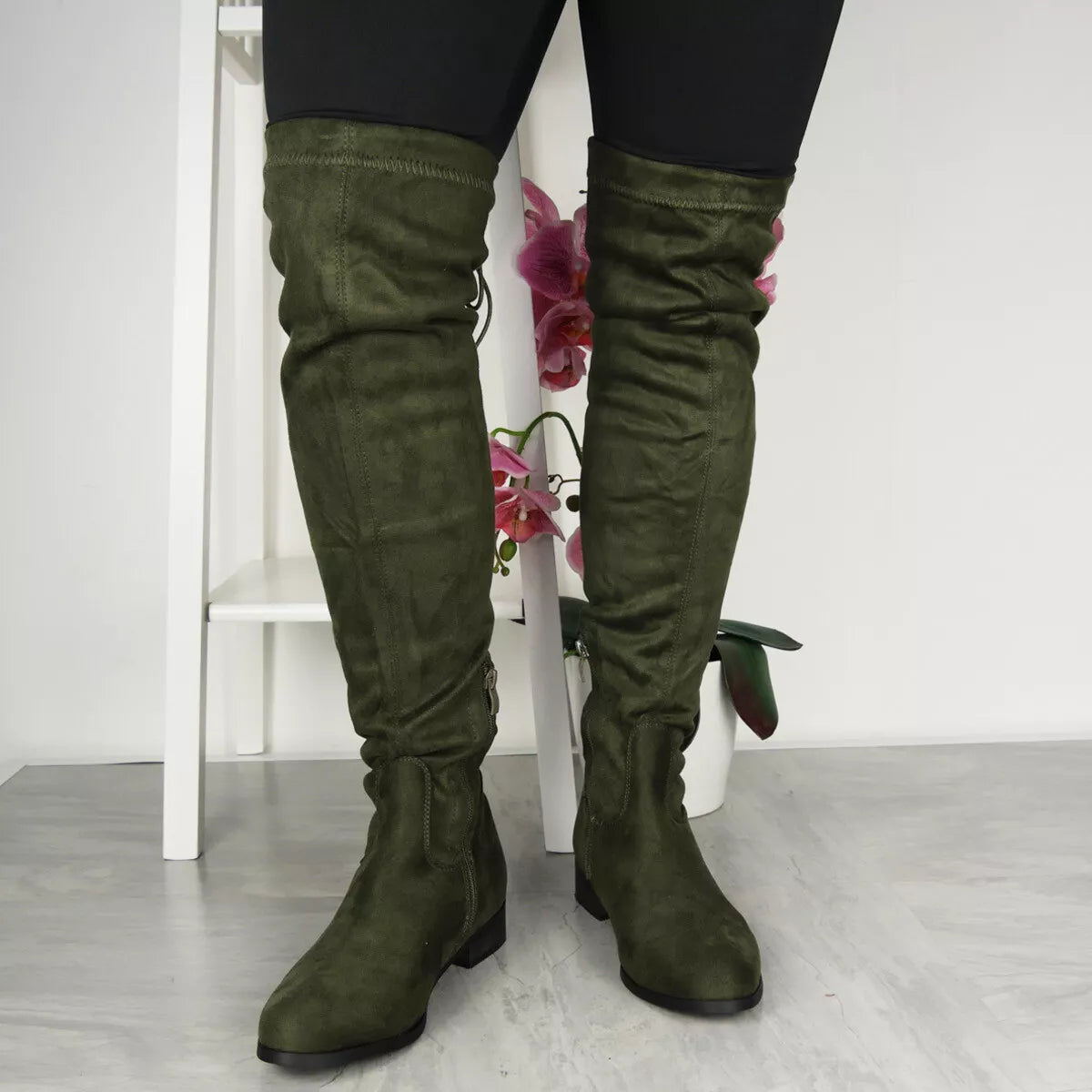 ASHLEY Green Over The Knee Lace Up Boots