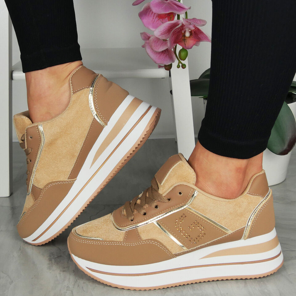 SIENA Camel Wedge Lace Up Classic Pumps Trainers Shoes